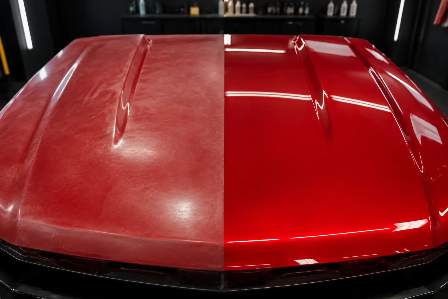 Oxidized dull red paint beside a restored deep glossy finish