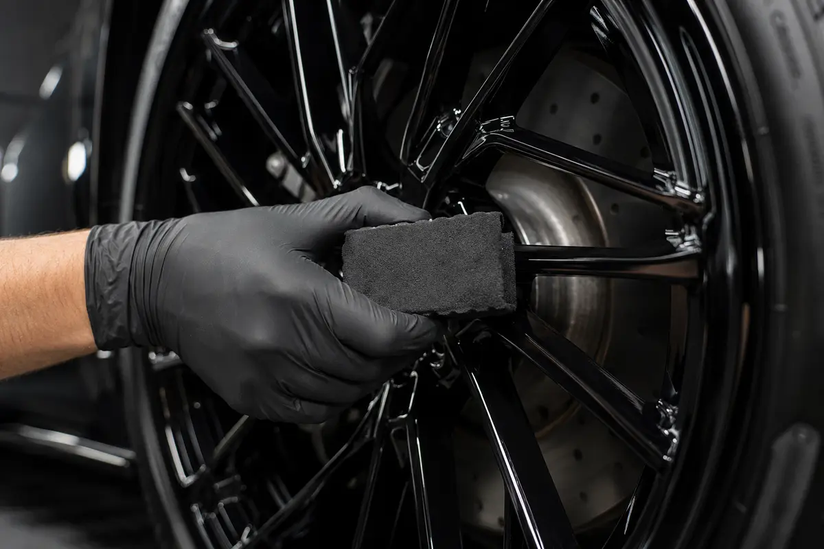 Detailer applying ceramic coating to a glossy black wheel